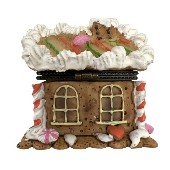 Ceramic Hinged Gingerbread House Christmas Trinket Box Candy Cane 2.5” - Picture 3 of 6